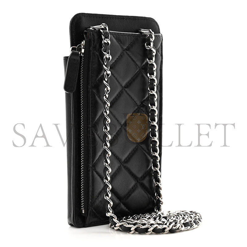 Ch**el lambskin quilted zip phone case black (18*10*3cm)